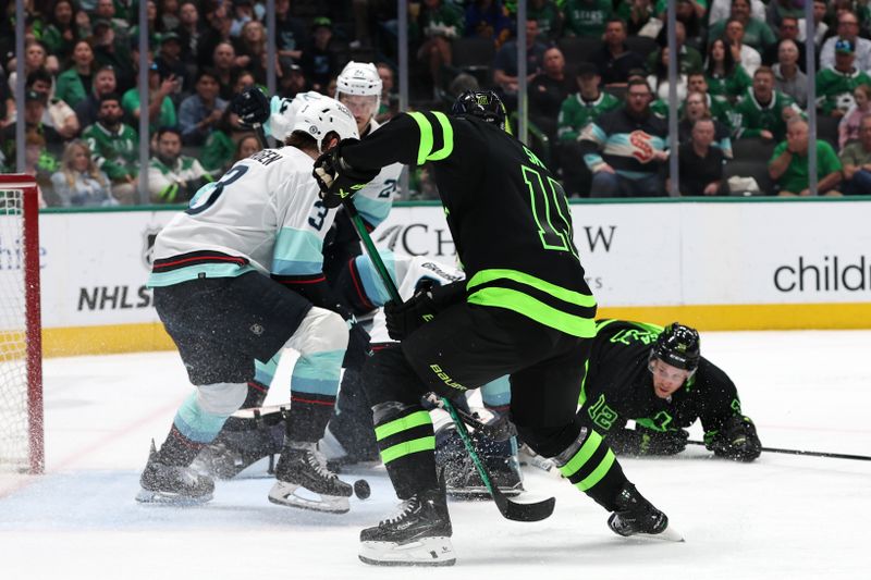 Apr 13, 2024; Dallas, Texas, USA; Dallas Stars center Craig Smith (15) shoots the puck against the Seattle Kraken in the second period at American Airlines Center. Mandatory Credit: Tim Heitman-USA TODAY Sports