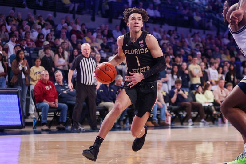 Mar 2, 2024; Atlanta, Georgia, USA; Florida State Seminoles guard Jalen Warley (1) drives to the basket against the Georgia Tech Yellow Jackets in the first half at McCamish Pavilion. Mandatory Credit: Brett Davis-USA TODAY Sports
