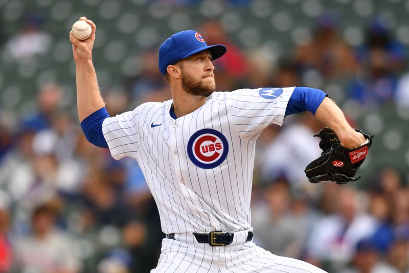 Sep 29, 2024; Chicago, Illinois, USA; Chicago Cubs starting pitcher Caleb Kilian (45) pitches during the first inning against the Cincinnati Reds at Wrigley Field. Mandatory Credit: Patrick Gorski-Imagn Images