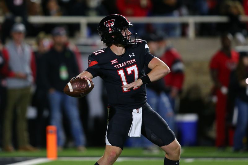 Oct 14, 2023; Lubbock, Texas, USA;  Texas Tech Red Raiders quarterback Jake Strong (17) passes against the Kansas State Wildcats in the second half at Jones AT&T Stadium and Cody Campbell Field. Mandatory Credit: Michael C. Johnson-USA TODAY Sports