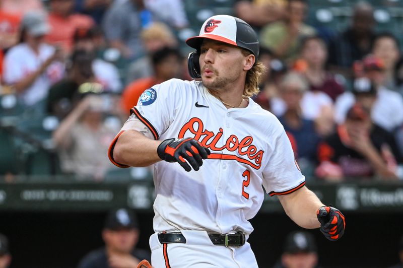 Sep 4, 2024; Baltimore, Maryland, USA; Baltimore Orioles shortstop Gunnar Henderson (2) reacts after loosing his bat on a first inning swing against the Chicago White Sox  at Oriole Park at Camden Yards. Mandatory Credit: Tommy Gilligan -Imagn Images