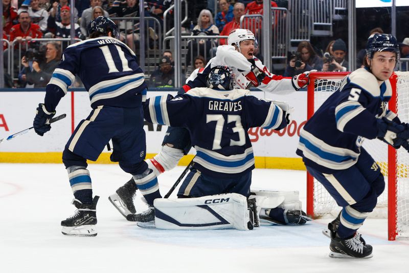 Apr 14, 2026; Columbus, Ohio, USA; Washington Capitals left wing Anthony Beauvillier (72) collides with Columbus Blue Jackets goalie Jet Greaves (73) during the first period at Nationwide Arena. Mandatory Credit: Russell LaBounty-Imagn Images