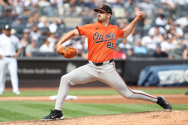 Sep 27, 2025; Bronx, New York, USA;  Baltimore Orioles relief pitcher Grant Wolfram (86) pitches in the fifth inning against the New York Yankees at Yankee Stadium. Mandatory Credit: Wendell Cruz-Imagn Images