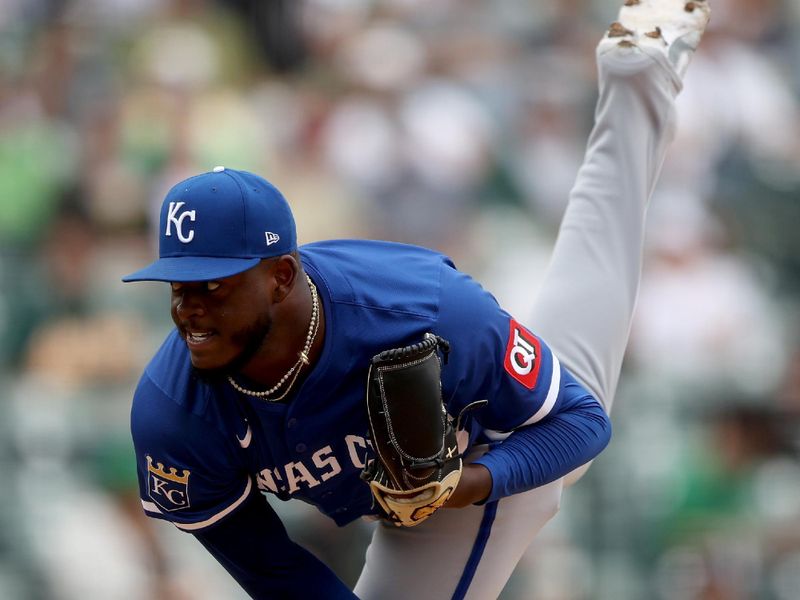 Sep 28, 2025; West Sacramento, California, USA; Kansas City Royals pitcher Luinder Avila (58) throws a pitch against the Athletics during the ninth inning  at Sutter Health Park. Mandatory Credit: Dennis Lee-Imagn Images