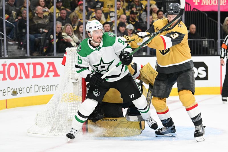 Apr 27, 2024; Las Vegas, Nevada, USA; Dallas Stars center Matt Duchene (95) battles for position with Vegas Golden Knights defenseman Brayden McNabb (3) in overtime in game three of the first round of the 2024 Stanley Cup Playoffs at T-Mobile Arena. Mandatory Credit: Candice Ward-USA TODAY Sports