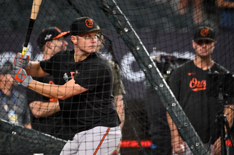 Oct 10, 2023; Arlington, Texas, USA; Baltimore Orioles first baseman Ryan Mountcastle (6) warms up before game three against the Texas Rangers in the ALDS for the 2023 MLB playoffs at Globe Life Field. Mandatory Credit: Jerome Miron-USA TODAY Sports