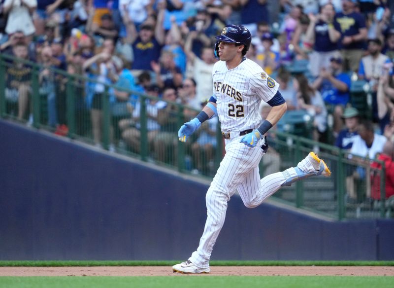 Jun 29, 2025; Milwaukee, Wisconsin, USA; Milwaukee Brewers outfielder Christian Yelich (22) rounds the bases after hitting a home run against the Colorado Rockies in the sixth inning at American Family Field. Mandatory Credit: Michael McLoone-Imagn Images