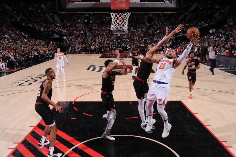 PORTLAND, OR - MARCH 14: Jalen Brunson #11 of the New York Knicks drives to the basket during the game against the Portland Trail Blazers on March 14, 2024 at the Moda Center Arena in Portland, Oregon. NOTE TO USER: User expressly acknowledges and agrees that, by downloading and or using this photograph, user is consenting to the terms and conditions of the Getty Images License Agreement. Mandatory Copyright Notice: Copyright 2024 NBAE (Photo by Cameron Browne/NBAE via Getty Images)