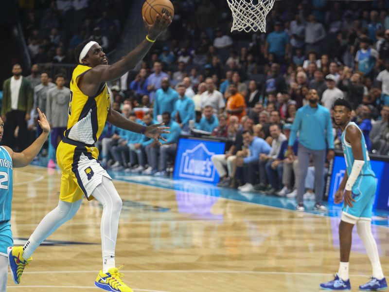 CHARLOTTE, NC - NOVEMBER 8:  Pascal Siakam #43 of the Indiana Pacers shoots the ball during the game against the Charlotte Hornets on November 8, 2024 at Spectrum Center in Charlotte, North Carolina. NOTE TO USER: User expressly acknowledges and agrees that, by downloading and or using this photograph, User is consenting to the terms and conditions of the Getty Images License Agreement. Mandatory Copyright Notice: Copyright 2024 NBAE (Photo by Kent Smith/NBAE via Getty Images)