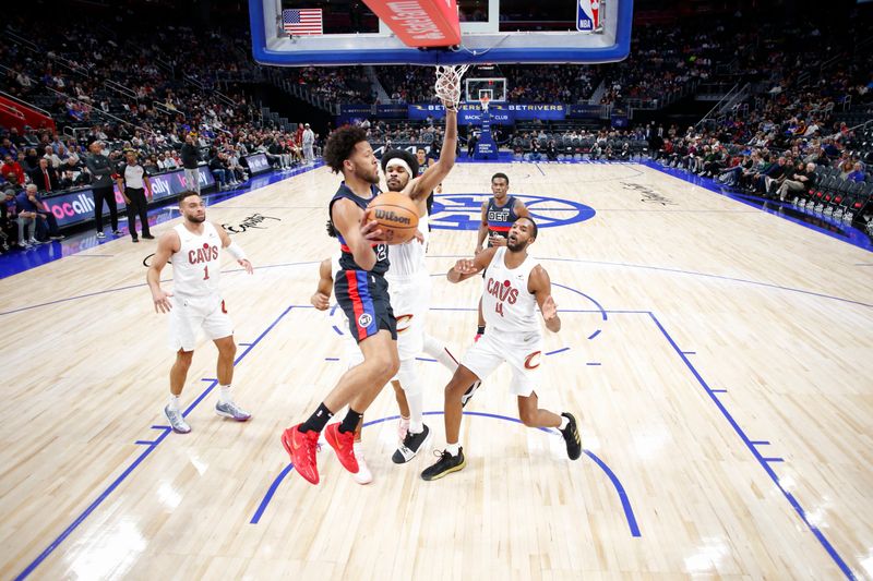 DETROIT, MI - MARCH 1: Cade Cunningham #2 of the Detroit Pistons passes the ball during the game against the Cleveland Cavaliers on March 1, 2024 at Little Caesars Arena in Detroit, Michigan. NOTE TO USER: User expressly acknowledges and agrees that, by downloading and/or using this photograph, User is consenting to the terms and conditions of the Getty Images License Agreement. Mandatory Copyright Notice: Copyright 2024 NBAE (Photo by Brian Sevald/NBAE via Getty Images)