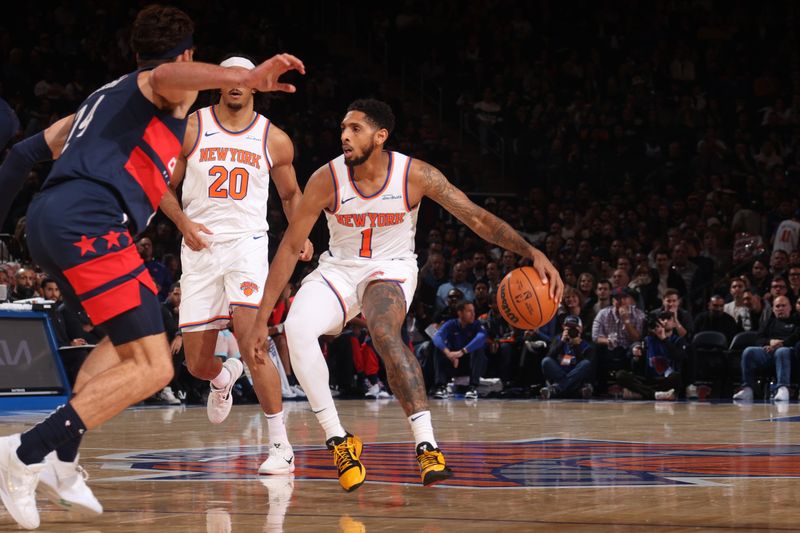 NEW YORK, NY - NOVEMBER 18: Cameron Payne #1 of the New York Knicks dribbles the ball during the game against the Washington Wizards on November 18, 2024 at Madison Square Garden in New York City, New York.  NOTE TO USER: User expressly acknowledges and agrees that, by downloading and or using this photograph, User is consenting to the terms and conditions of the Getty Images License Agreement. Mandatory Copyright Notice: Copyright 2024 NBAE  (Photo by Nathaniel S. Butler/NBAE via Getty Images)