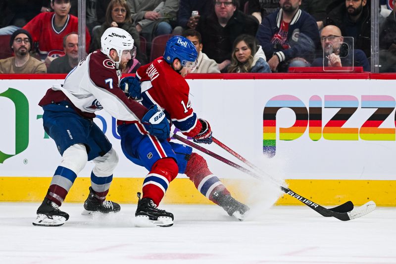 Jan 15, 2024; Montreal, Quebec, CAN; Colorado Avalanche defenseman Devon Toews (7) defends the puck against Montreal Canadiens center Nick Suzuki (14) during the third period at Bell Centre. Mandatory Credit: David Kirouac-USA TODAY Sports