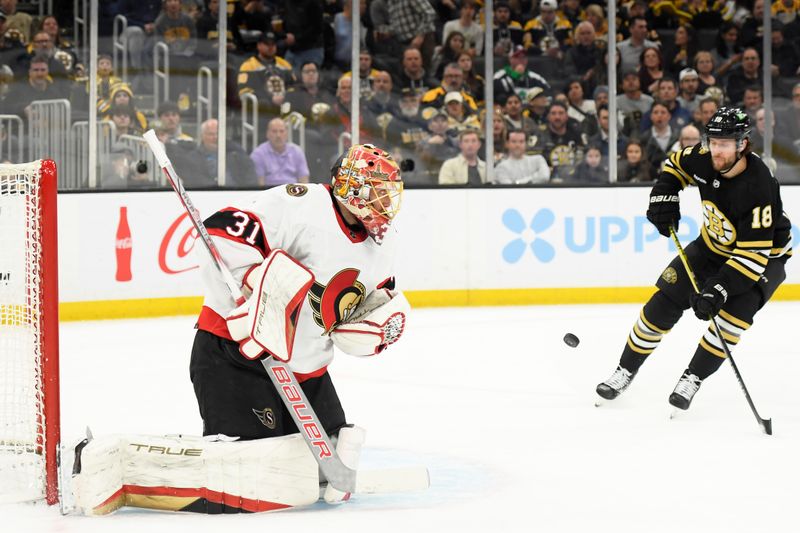 Apr 16, 2024; Boston, Massachusetts, USA;  Ottawa Senators goaltender Anton Forsberg (31) makes a save while Boston Bruins center Pavel Zacha (18) looks for the rebound during the first period at TD Garden. Mandatory Credit: Bob DeChiara-USA TODAY Sports