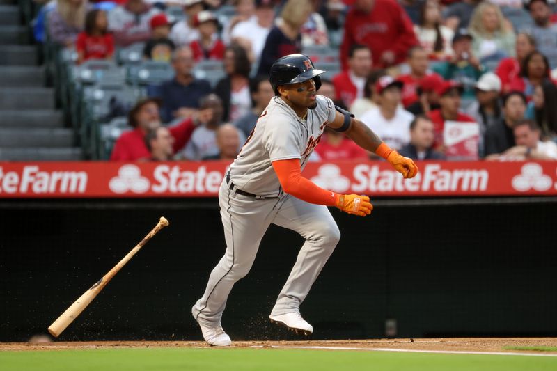 Sep 16, 2023; Anaheim, California, USA;  Detroit Tigers left fielder Andy Ibanez (77) hits a single during the first inning against the Los Angeles Angels at Angel Stadium. Mandatory Credit: Kiyoshi Mio-USA TODAY Sports