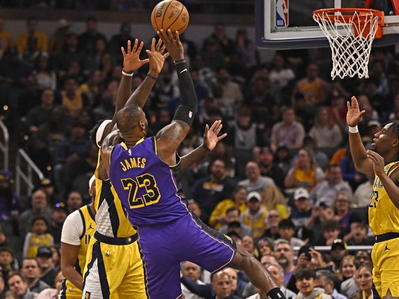 INDIANAPOLIS, IN - MARCH 29: LeBron James #23 of the Los Angeles Lakers shoots the ball during the game against the Indiana Pacers on March 24, 2024 at Gainbridge Fieldhouse in Indianapolis, Indiana. NOTE TO USER: User expressly acknowledges and agrees that, by downloading and or using this Photograph, user is consenting to the terms and conditions of the Getty Images License Agreement. Mandatory Copyright Notice: Copyright 2024 NBAE (Photo by David Dow/NBAE via Getty Images)