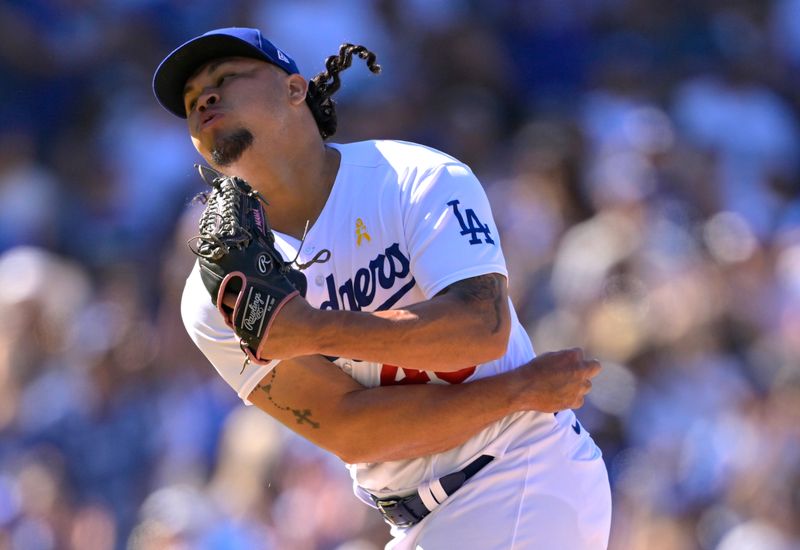 Sep 3, 2023; Los Angeles, California, USA; Los Angeles Dodgers relief pitcher Brusdar Graterol (48) earns a save in the ninth inning against the Atlanta Braves at Dodger Stadium. Mandatory Credit: Jayne Kamin-Oncea-USA TODAY Sports