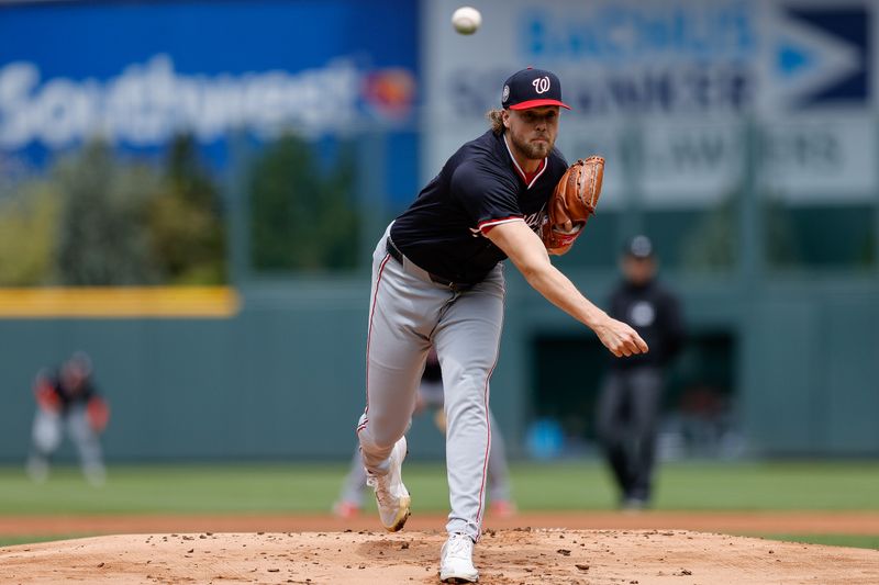 Apr 20, 2025; Denver, Colorado, USA; Washington Nationals starting pitcher Jake Irvin (27) pitches in the first inning against the Colorado Rockies at Coors Field. Mandatory Credit: Isaiah J. Downing-Imagn Images