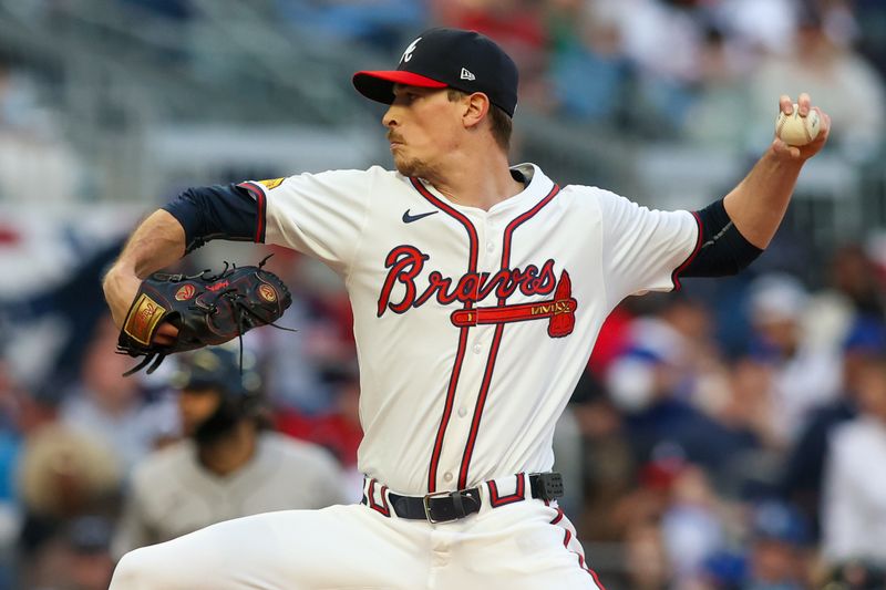 Apr 6, 2024; Atlanta, Georgia, USA; Atlanta Braves starting pitcher Max Fried (54) throws against the Arizona Diamondbacks in the first inning at Truist Park. Mandatory Credit: Brett Davis-USA TODAY Sports
