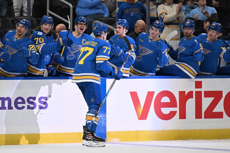 Jan 13, 2026; St. Louis, Missouri, USA; St. Louis Blues center Nick Bjugstad (77) is congratulated after scoring a short handed goal against the Carolina Hurricanes in the second period at Enterprise Center. Mandatory Credit: Joe Puetz-Imagn Images