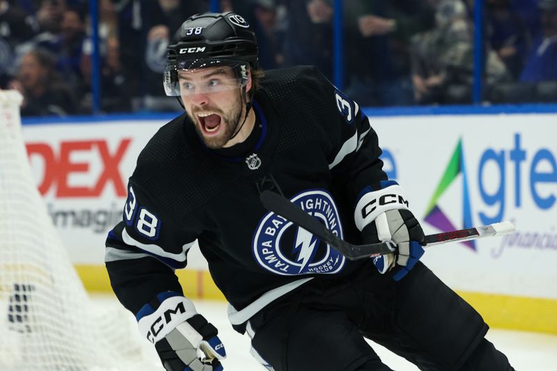 Feb 17, 2024; Tampa, Florida, USA;  Tampa Bay Lightning left wing Brandon Hagel (38) reacts after scoring a goal against the Florida Panthers in the first period at Amalie Arena. Mandatory Credit: Nathan Ray Seebeck-USA TODAY Sports