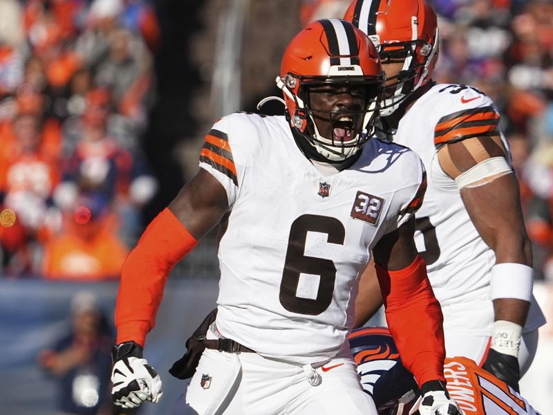 Cleveland Browns linebacker Jeremiah Owusu-Koramoah (6) celebrates a play against the Denver Broncos of an NFL football game Sunday November 26, 2023, in Denver. (AP Photo/Bart Young)