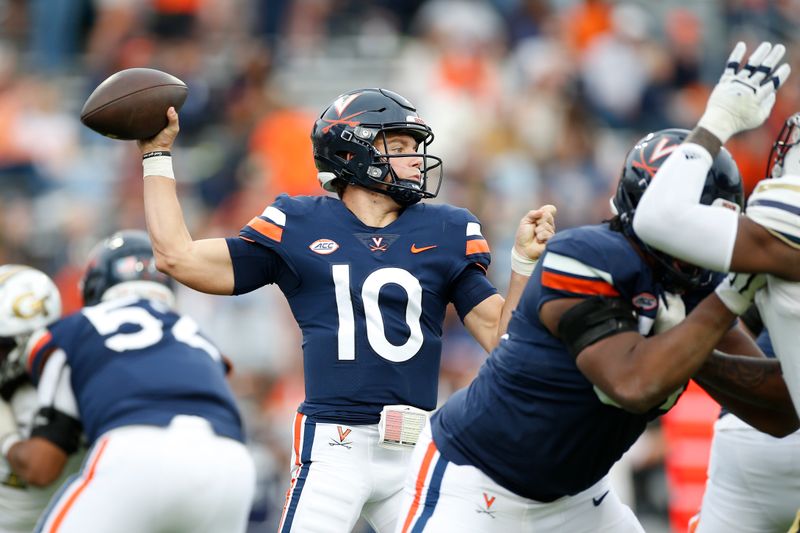 Nov 4, 2023; Charlottesville, Virginia, USA; Virginia Cavaliers quarterback Anthony Colandrea (10) throws the ball against the Georgia Tech Yellow Jackets during the second half at Scott Stadium. Mandatory Credit: Amber Searls-USA TODAY Sports