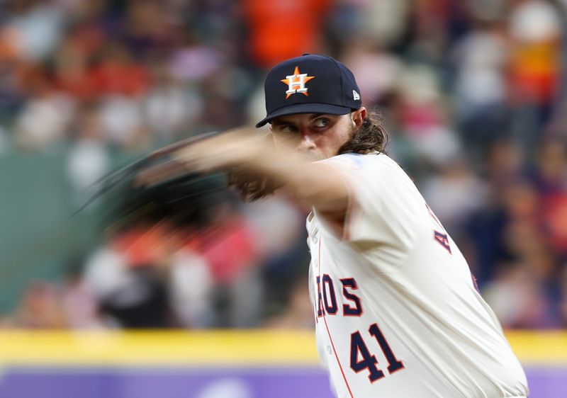 Sep 10, 2024; Houston, Texas, USA; Houston Astros starting pitcher Spencer Arrighetti (41) pitches against the Oakland Athletics in the second inning at Minute Maid Park. Mandatory Credit: Thomas Shea-Imagn Images