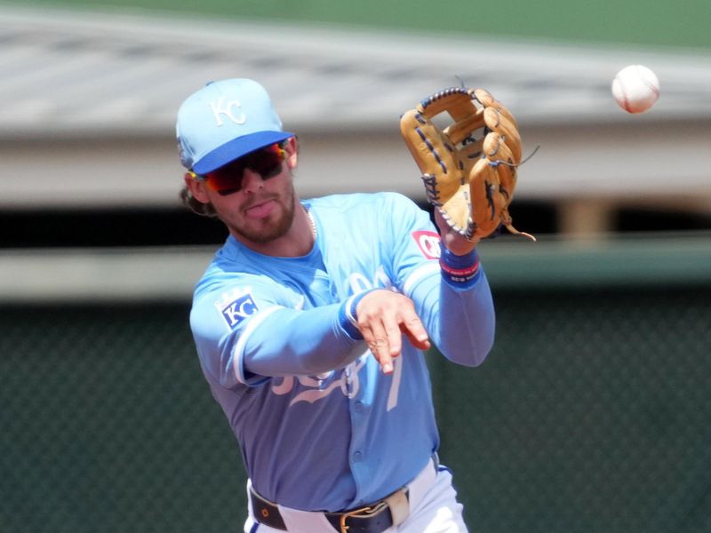 Mar 23, 2024; Surprise, Arizona, USA; Kansas City Royals shortstop Bobby Witt Jr. (7) throws to first base against the Texas Rangers during the third inning at Surprise Stadium. Mandatory Credit: Joe Camporeale-USA TODAY Sports