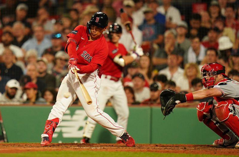 Jun 1, 2023; Boston, Massachusetts, USA; Boston Red Sox left fielder Masataka Yoshida (7) grounded into a fielders choice to second base against the Cincinnati Reds in the eighth inning at Fenway Park. Mandatory Credit: David Butler II-USA TODAY Sports