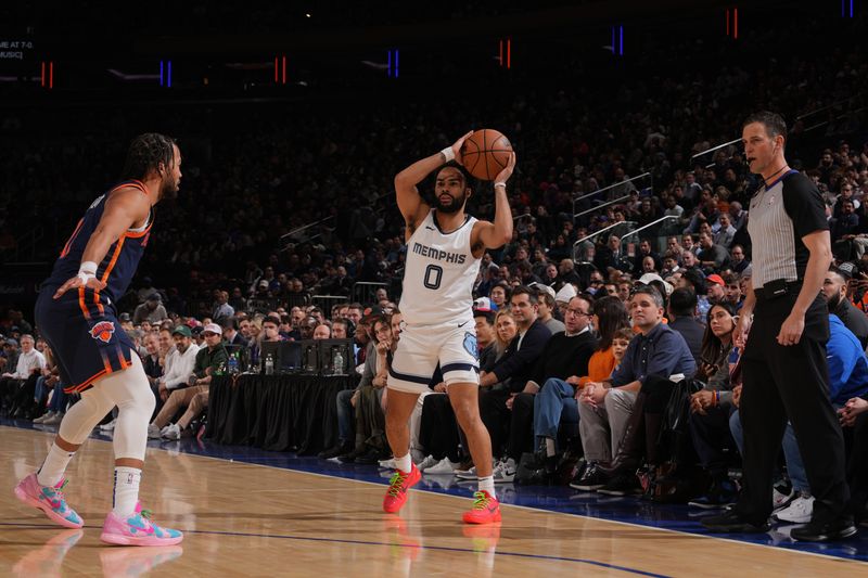 NEW YORK, NY - FEBRUARY 6: Jacob Gilyard #0 of the Memphis Grizzlies looks to pass the ball during the game against the New York Knicks on February 6, 2024 at Madison Square Garden in New York City, New York.  NOTE TO USER: User expressly acknowledges and agrees that, by downloading and or using this photograph, User is consenting to the terms and conditions of the Getty Images License Agreement. Mandatory Copyright Notice: Copyright 2024 NBAE  (Photo by Jesse D. Garrabrant/NBAE via Getty Images)