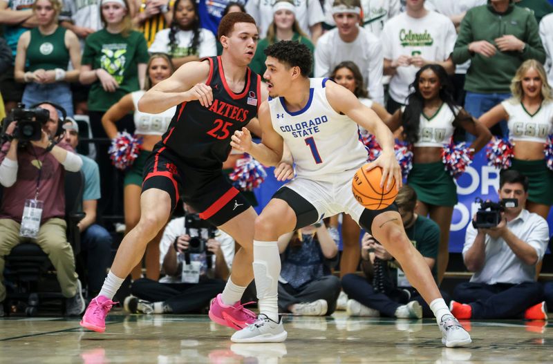 Jan 30, 2024; Fort Collins, Colorado, USA; Colorado State Rams forward Joel Scott (1) dribbles against San Diego State Aztecs forward Elijah Saunders (25) in the first half at Moby Arena. Mandatory Credit: Chet Strange-USA TODAY Sports