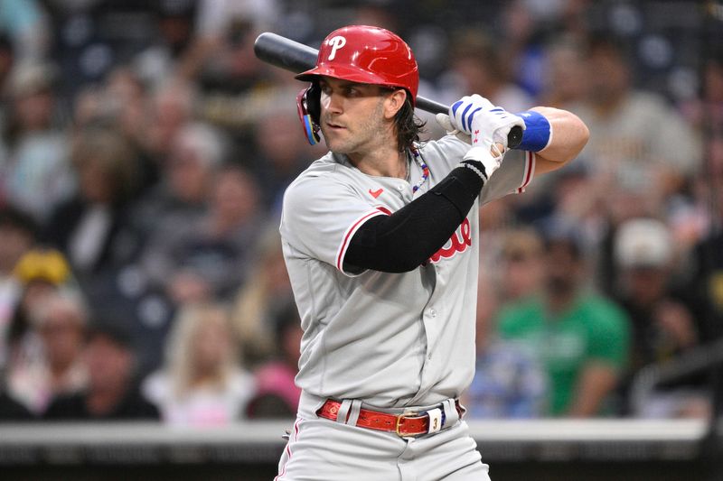 Sep 5, 2023; San Diego, California, USA; Philadelphia Phillies first baseman Bryce Harper (3) bats against the San Diego Padres during the first inning at Petco Park. Mandatory Credit: Orlando Ramirez-USA TODAY Sports