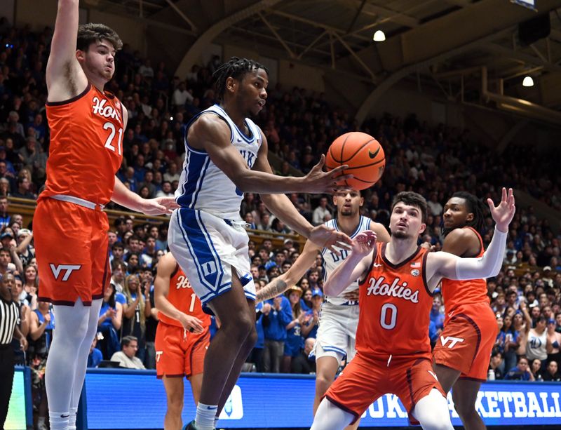 Feb 25, 2023; Durham, North Carolina, USA; Duke Blue Devils guard Jeremy Roach (3) throws a pass during the second half against the Virginia Tech Hokies at Cameron Indoor Stadium. The Blue Devils won 81-65. Mandatory Credit: Rob Kinnan-USA TODAY Sports