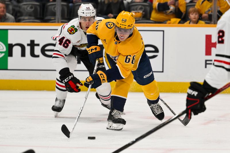 Feb 26, 2026; Nashville, Tennessee, USA;  Chicago Blackhawks defenseman Louis Crevier (46) and Nashville Predators defenseman Nick Perbix (48) battle for the puck during the first period at Bridgestone Arena. Mandatory Credit: Steve Roberts-Imagn Images