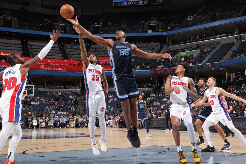 MEMPHIS, TN - APRIL 5: Trey Jemison #55 of the Memphis Grizzlies rebounds during the game against the Detroit Pistons on April 5, 2024 at FedExForum in Memphis, Tennessee. NOTE TO USER: User expressly acknowledges and agrees that, by downloading and or using this photograph, User is consenting to the terms and conditions of the Getty Images License Agreement. Mandatory Copyright Notice: Copyright 2024 NBAE (Photo by Joe Murphy/NBAE via Getty Images)