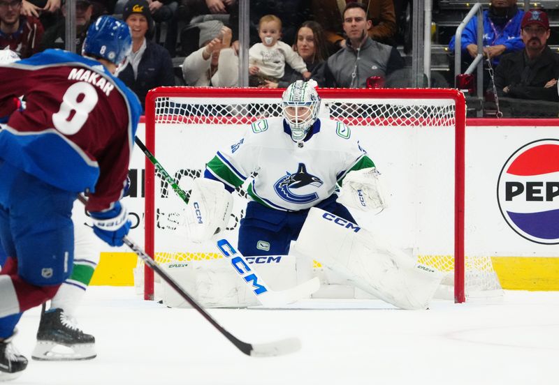 Nov 22, 2023; Denver, Colorado, USA; Vancouver Canucks goaltender Thatcher Demko (35) defends his net in the first period against the Colorado Avalanche at Ball Arena. Mandatory Credit: Ron Chenoy-USA TODAY Sports