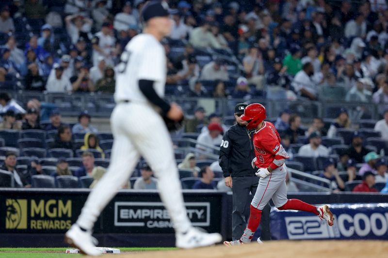 Aug 7, 2024; Bronx, New York, USA; Los Angeles Angels shortstop Zach Neto (9) rounds the bases after hitting a grand slam home run against New York Yankees starting pitcher Will Warren (98) during the second inning at Yankee Stadium. Mandatory Credit: Brad Penner-USA TODAY Sports