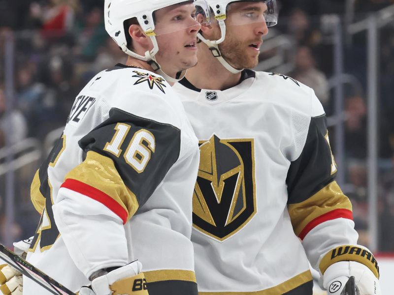 Mar 11, 2025; Pittsburgh, Pennsylvania, USA;  Vegas Golden Knights left wing Pavel Dorofeyev (16) celebrates his power play goal with defenseman Noah Hanifin (15) against the Pittsburgh Penguins during the second period at PPG Paints Arena. Mandatory Credit: Charles LeClaire-Imagn Images