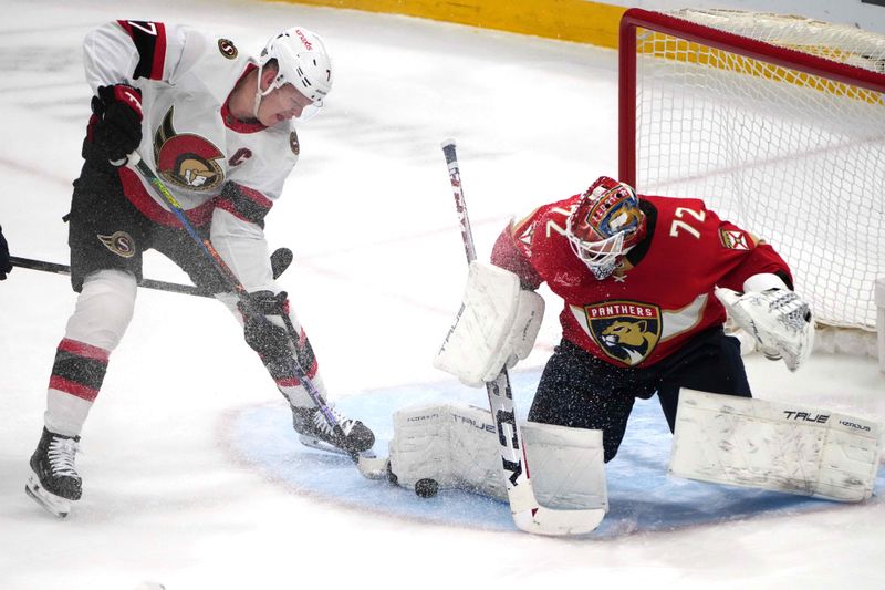 Feb 20, 2024; Sunrise, Florida, USA; Florida Panthers goaltender Sergei Bobrovsky (72) makes a save on Ottawa Senators left wing Brady Tkachuk (7) during the third period at Amerant Bank Arena. Mandatory Credit: Jim Rassol-USA TODAY Sports