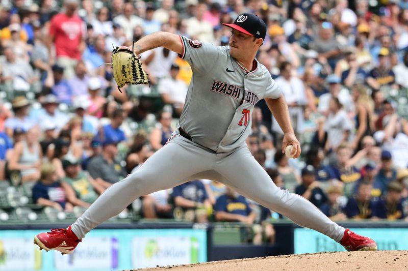 Jul 13, 2024; Milwaukee, Wisconsin, USA; Washington Nationals starting pitcher Mitchell Parker (70) pitches against the Milwaukee Brewers in the first inning at American Family Field. Mandatory Credit: Benny Sieu-USA TODAY Sports