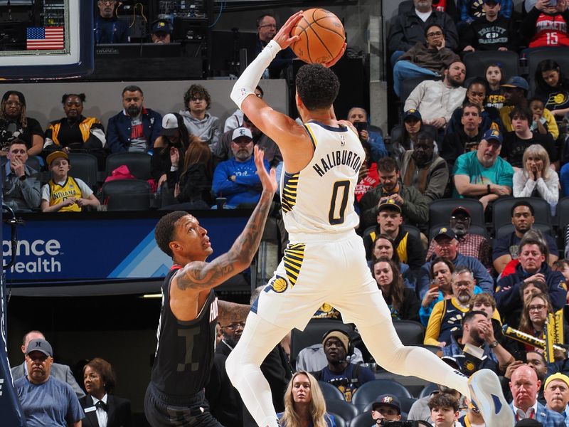 INDIANAPOLIS, IN - MARCH 4: Tyrese Haliburton #0 of the Indiana Pacers shoots a three point basket during the game against the Houston Rockets  on March 4, 2025 at Gainbridge Fieldhouse in Indianapolis, Indiana. NOTE TO USER: User expressly acknowledges and agrees that, by downloading and or using this Photograph, user is consenting to the terms and conditions of the Getty Images License Agreement. Mandatory Copyright Notice: Copyright 2025 NBAE (Photo by Ron Hoskins/NBAE via Getty Images)