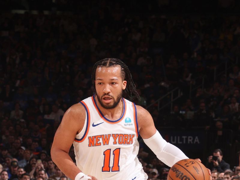 NEW YORK, NY - APRIL 20:  Jalen Brunson #11 of the New York Knicks handles the ball during the game  against the Philadelphia 76ers during Round 1 Game 1 of the 2024 NBA Playoffs on April 20, 2024 at Madison Square Garden in New York City, New York.  NOTE TO USER: User expressly acknowledges and agrees that, by downloading and or using this photograph, User is consenting to the terms and conditions of the Getty Images License Agreement. Mandatory Copyright Notice: Copyright 2024 NBAE  (Photo by Nathaniel S. Butler/NBAE via Getty Images)