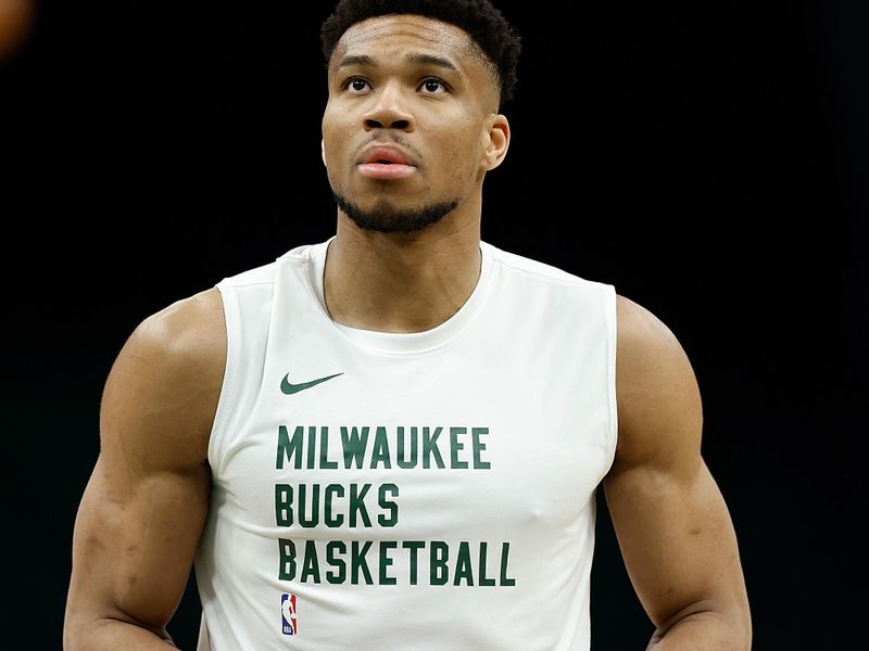 MILWAUKEE, WISCONSIN - APRIL 03: Giannis Antetokounmpo #34 of the Milwaukee Bucks works out before the game against the Memphis Grizzlies at Fiserv Forum on April 03, 2024 in Milwaukee, Wisconsin. NOTE TO USER: User expressly acknowledges and agrees that, by downloading and or using this photograph, User is consenting to the terms and conditions of the Getty Images License Agreement. (Photo by John Fisher/Getty Images)