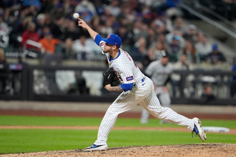 Apr 30, 2025; New York City, New York, USA; New York Mets pitcher Chris Devenski (49) delivers a pitch against the Arizona Diamondbacks during the eighth inning at Citi Field. Mandatory Credit: Gregory Fisher-Imagn Images