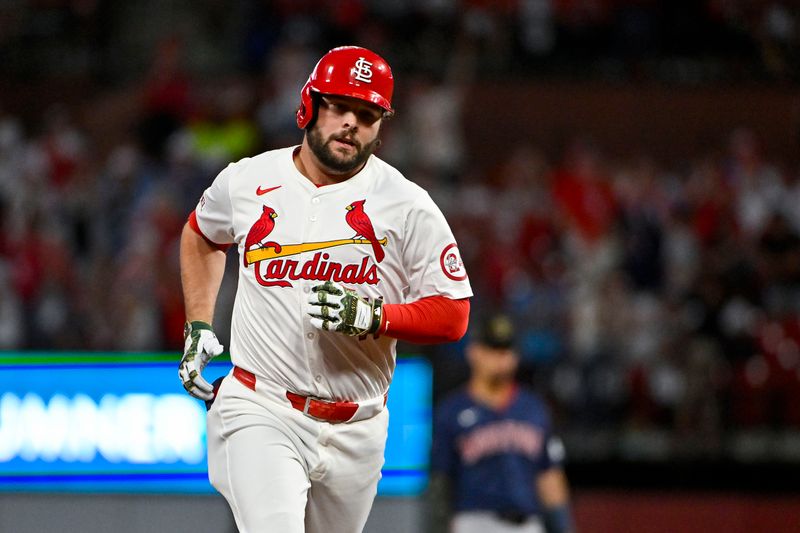 May 17, 2024; St. Louis, Missouri, USA;  St. Louis Cardinals designated hitter Alec Burleson (41) runs the base after hitting a solo home run against the Boston Red Sox during the fourth inning at Busch Stadium. Mandatory Credit: Jeff Curry-USA TODAY Sports