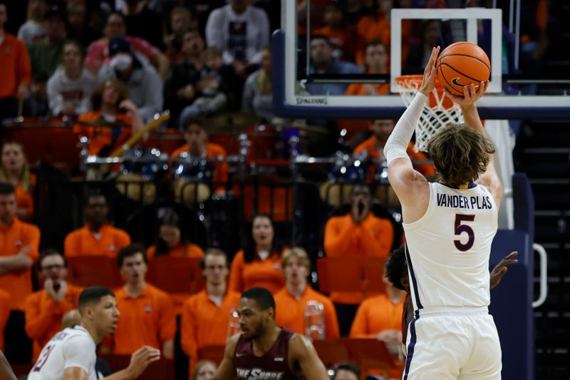 Nov 25, 2022; Charlottesville, Virginia, USA; Virginia Cavaliers forward Ben Vander Plas (5) shoots the ball against the Maryland-Eastern Shore Hawks in the first half at John Paul Jones Arena. Mandatory Credit: Geoff Burke-USA TODAY Sports