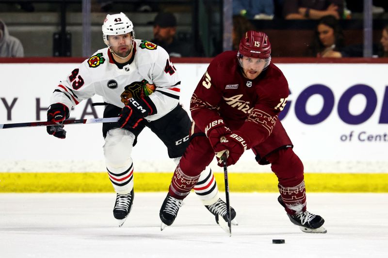 Mar 5, 2024; Tempe, Arizona, USA;  Arizona Coyotes center Alex Kerfoot (15) moves the puck against Chicago Blackhawks center Colin Blackwell (43) during the second period at Mullett Arena. Mandatory Credit: Mark J. Rebilas-USA TODAY Sports