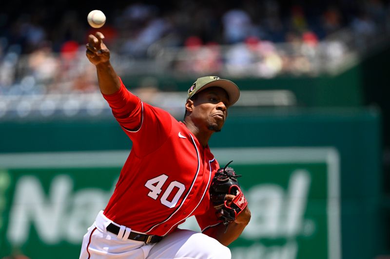 May 21, 2023; Washington, District of Columbia, USA; Washington Nationals starting pitcher Josiah Gray (40) throws to the Detroit Tigers during the first inning at Nationals Park. Mandatory Credit: Brad Mills-USA TODAY Sports