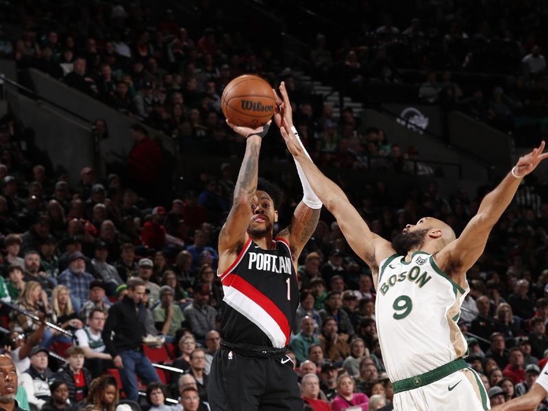 PORTLAND, OR - MARCH 11:  Anfernee Simons #1 of the Portland Trail Blazers shoots the ball during the game against the Boston Celtics on March 11, 2024 at the Moda Center Arena in Portland, Oregon. NOTE TO USER: User expressly acknowledges and agrees that, by downloading and or using this photograph, user is consenting to the terms and conditions of the Getty Images License Agreement. Mandatory Copyright Notice: Copyright 2024 NBAE (Photo by Cameron Browne/NBAE via Getty Images)