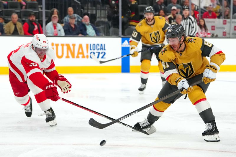 Mar 9, 2024; Las Vegas, Nevada, USA; Detroit Red Wings center Andrew Copp (18) tips the puck away from Vegas Golden Knights right wing Jonathan Marchessault (81) during the second period at T-Mobile Arena. Mandatory Credit: Stephen R. Sylvanie-USA TODAY Sports